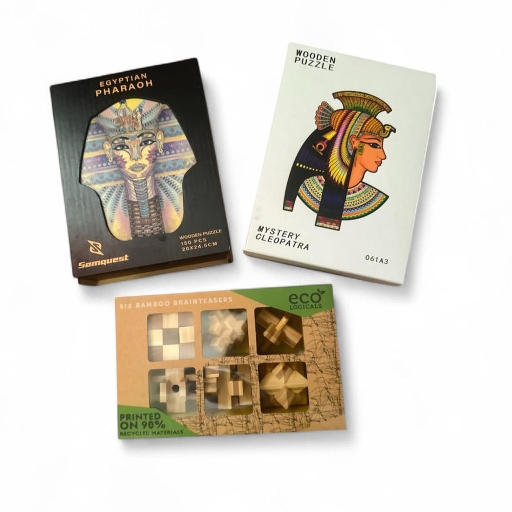 3D Chunky Wooden Puzzles Egyptian Pharaoh & Cleopatra & Bamboo Brain Teasers